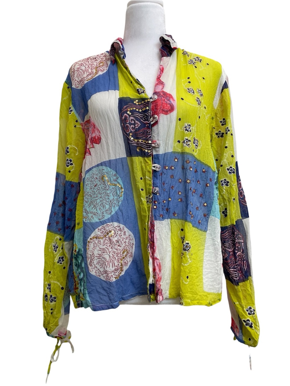 Boston Proper Vintage 90s Patchwork & Sequin Art to Wear Button Front Blouse